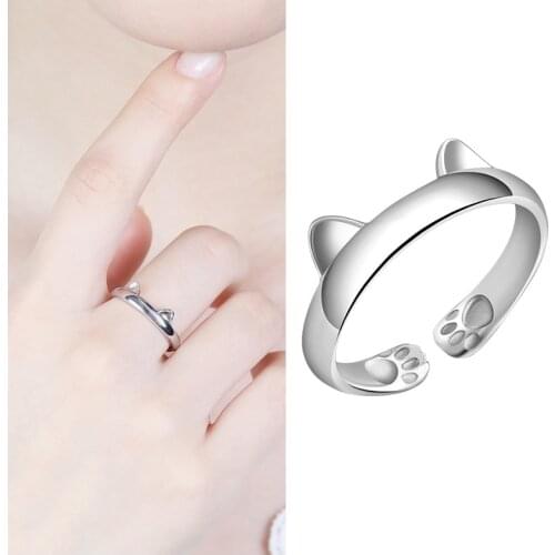 925 Silver Cartoon Kitten Footprint Opening Ring Japan And South Korea Cute Cat Ear Silver Ring Woman Party Birthday Gift