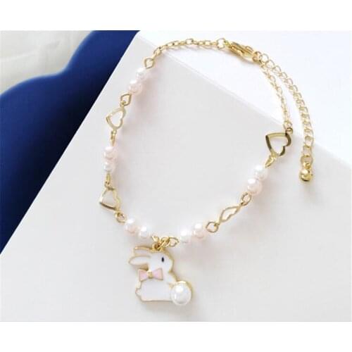 Sweet Lolita Shiny Jewelry Accessories Rabbit Pendant Pearl Chain Bracelet For Girls Women Princess Cosplay