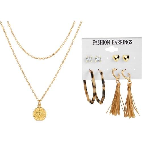 Bohemia Ethnic 5pc Set Resin Hoop Earrings Long Tassel Earring Set Coin Pendant Necklace Jewelry Set