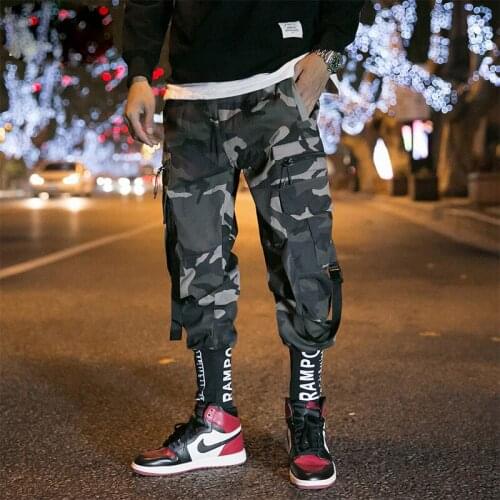 Camouflage Letter Ribbons Cargo Pants Hip Hop Joggers Retro Men Track Casual Trousers Sport Pockets Sweatpants Male Streetwear