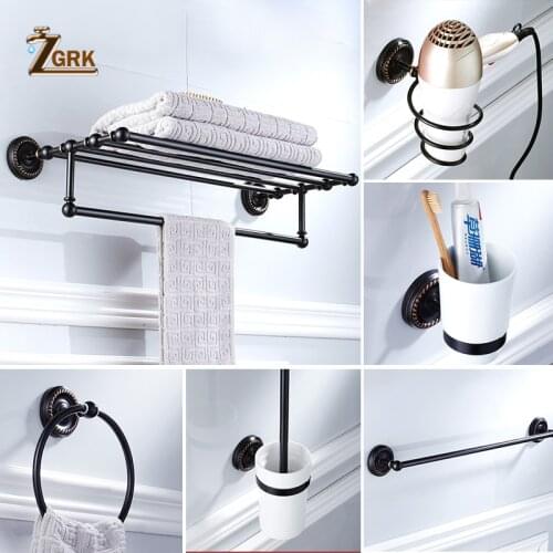 ZGRK European Style Black Brass Toilet Brush Bathroom Folding Mirror Luxury Residential Round Towel Ring Bathroom Hardware Kit