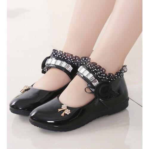 Childrens Shoes For Girl Spring New Princess Lace Leather Shoes Fashion Cute Bow Rhinestone Wedding Shoes Student Party Dance