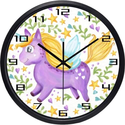 Children boy girl bedroom Cute quality wall clock, glass silent no sound Unicorn Zebra Airplane Space Clock