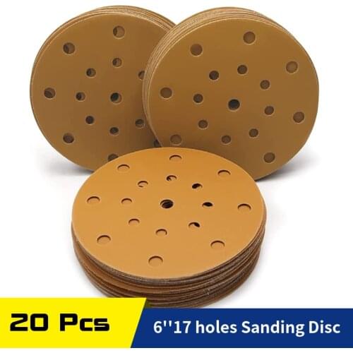 20PCS 6 Inch 17 Hole Hook and Loop Aluminum Oxide Golden Sandpaper Sanding Disc for Automobile Paint Care
