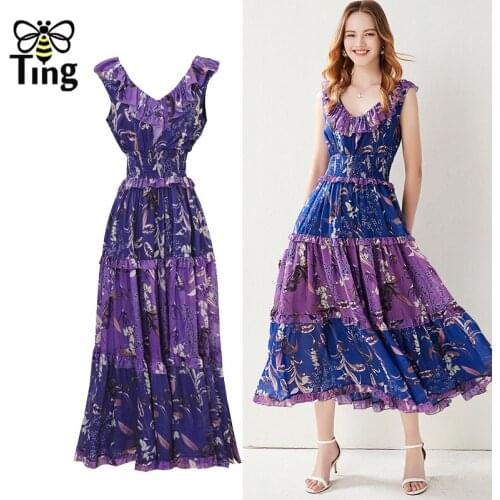 Tingfly Designer Fashion Purple Floral Ruffles Summer A Line Party Dinner Dresses Fashion High Waist Elastic Casual Largo Robes