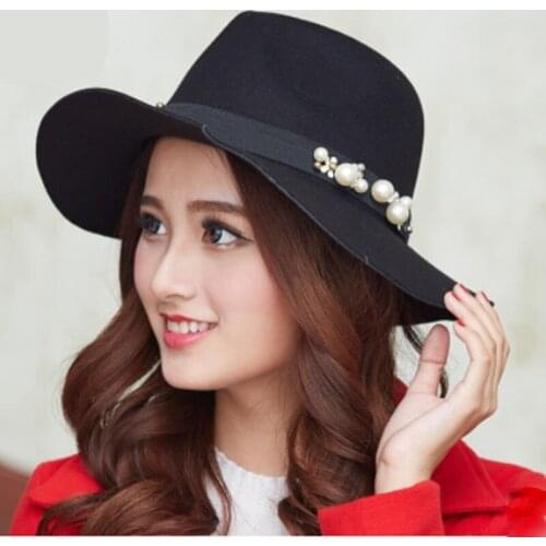Fedora Hat Men Women Pearl Elegant Bowler Wide Brim Fedora Men Church Winter Imitation Wool Felt Hat Woman 2019