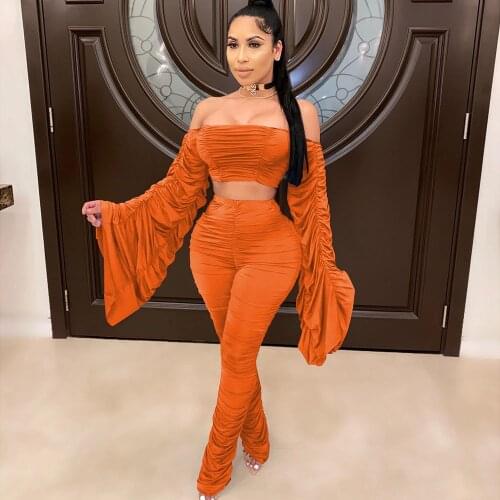 Sexy Two Piece Set Women Festival Clothing Ruched Flare Sleeve Crop Top and Stacked Pants Leggings Birthday Night Club Outfits
