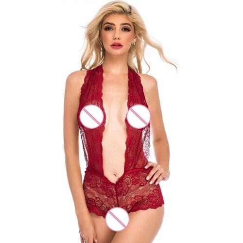 Lace Deep V Neck Sexy Cross Back Solid Lace Sleep Rompers Women Summer Teddies Sleepwear Onesies Lingerie Rompers Onesies