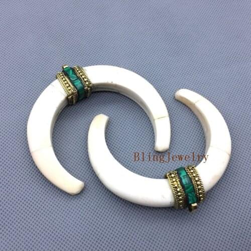 Bone Pendant Cream Double Horn Pendant With Brass Cap and Green Gems Accent 70x18mm PM5127