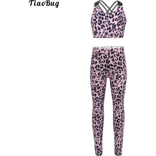 TiaoBug Fashion Summer 2Pcs Kid Girl Leopard Print Gym Yoga Sport Suit U Neck Sleeveless Three Shoulder Straps Crop Top Leggings