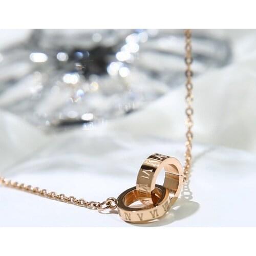 YUN RUO Fashion Roman Numerals Double Circle Pendant Necklace Rose Gold Titanium Steel Jewelry Woman Birthday Gift Never Fade