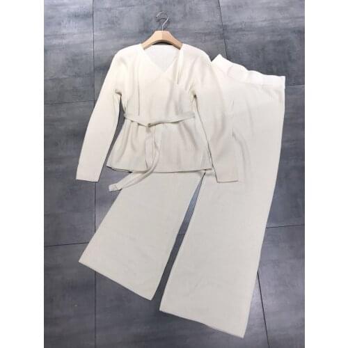 Fashion 2021 new ladies pure cashmere suit lace-up top + wide leg trousers 2-piece set 1014