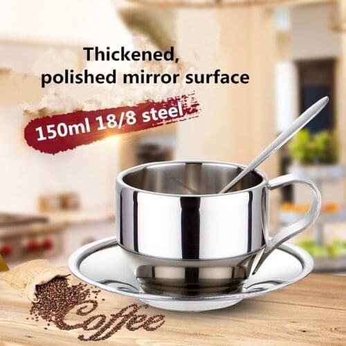 Bpa-Free 150ml Household Coffee&Tea Cup Double Wall 18/8 Stainless Steel Handle Mug Travel With spoon Dish Plate Saucer Sets