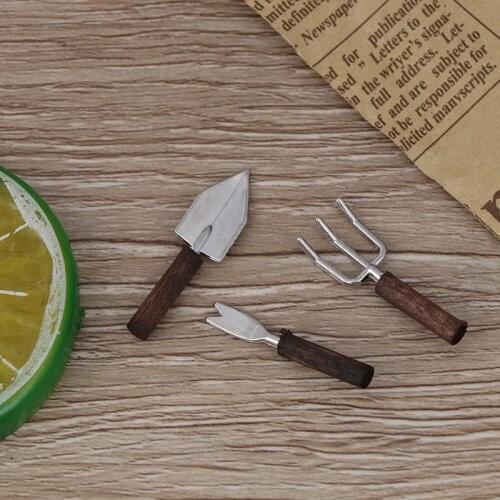 Alloy + Wood Mini Pot Tool Shovel Model Set For Dollhouse Fairy Garden tools Rustic Doll House Ornament 3Pcs/set