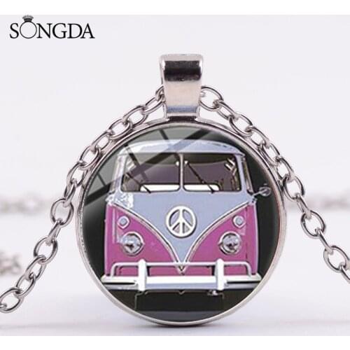 Novelty Hippie Peace Van Bus Pendant Necklace Peace Symbol Art Patterns Glass Cabochon Handmade Necklace Jewelry Souvenir