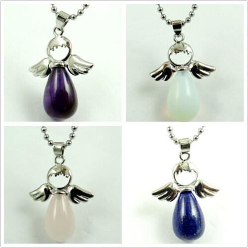 Natural Stone Quartz Crystal lapis Turquoises Angel Wings Fairy Water Drop Shape charm Pendants for diy Jewelry making Necklace