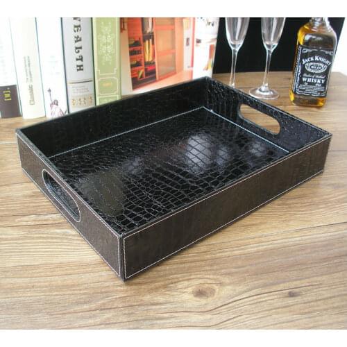 40x30cm rectangle croco black leather serving tray trays bandejas for tableware food fruit snacks storage with cut-out handle