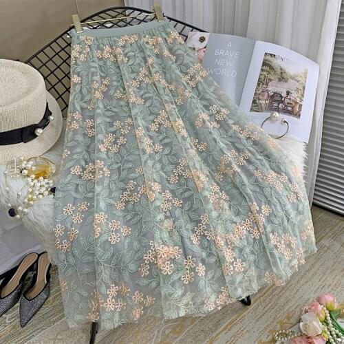 Vintage Embroidery Pleated Skirt Women Korean Casual Elastic High Waist Summer Long Skirt Holiday A Line Tulle Skirt Jupe Faldas