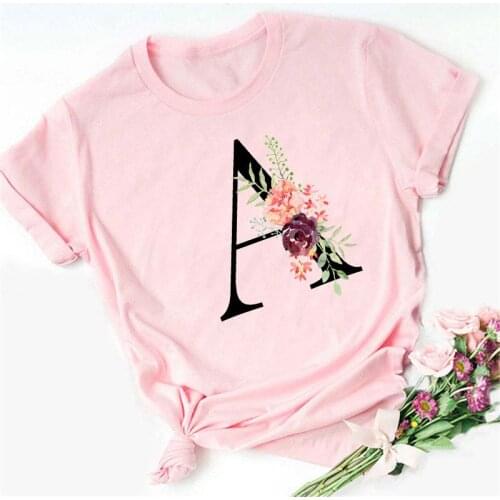Flower Alphabet Font A B C D Printed Pink T Shirt Custom Name Letter Combination Women T-shirt Short Sleeve Tee Tops Female
