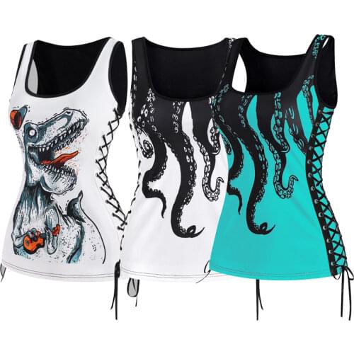 Gothic Casual Fashion WomenS Tops Summer Lace Up Octopus Print Scoop Neck Tank Top Basic Plus Size Streetwear Harajuku