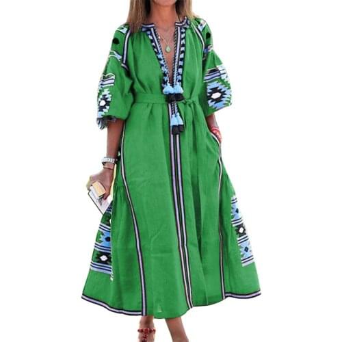 Woman dress Vintage V Neck 3/4 Puff Sleeve Floral Print Tassel Large Hem Maxi Dress dresses for women woman dress femme robe