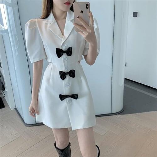 2021 New Fashion Sexy Open Back Vestidos Elegantes Bubble Sleeve Suit Bow Temperament Midi Dress Sukienki Na Wesele Damskie