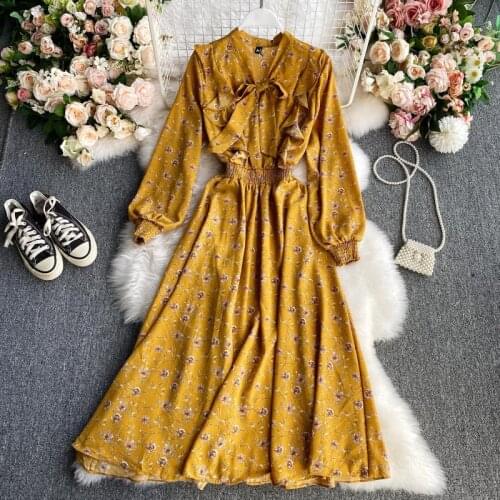 Maxi Dresses for Women Autumn Long Sleeved Chiffon Bow V Neck Y2k Vestido De Mujer Vintage Clothing Women Sexy Dress Female