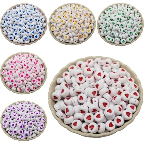 2020 New 100PCS Loose 7mm DIY Spacer Beads Jewelry Findings Acrylic Beads Necklace Bracelet Making Multicolor Heart Printed