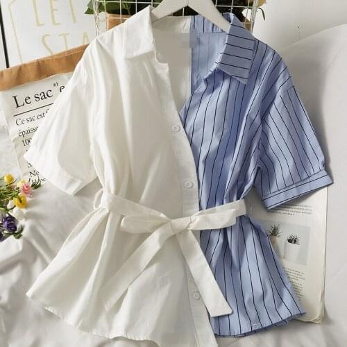 Womens Summer Blouses 2021 Slim Sashes Stripe Design Short Sleeve Button Up Shirt Y2k Top Female Fashion High Street Streetwear