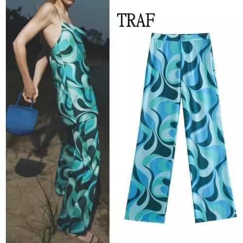 TRAF Za Womens Pants Summer Print y2k Wide Pants High Waist Womens Clothing Korean Style Trousers Chic Zipper Long Woman Pants