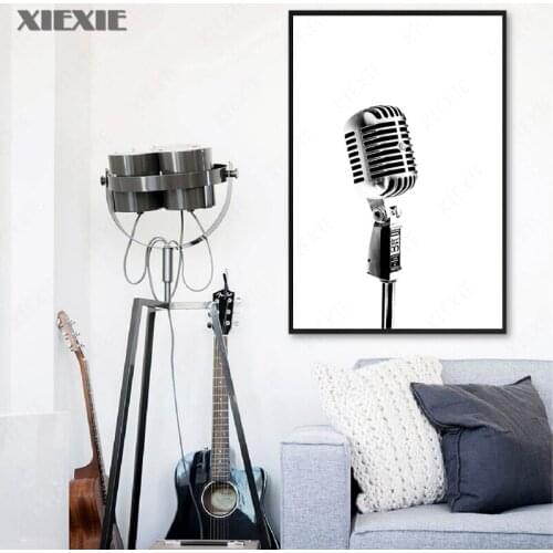 Black White Canvas Painting Microphone Poster Music Wall Art Print Vintage Picture Jazz Music Lover Gift Bedroom Home Decor