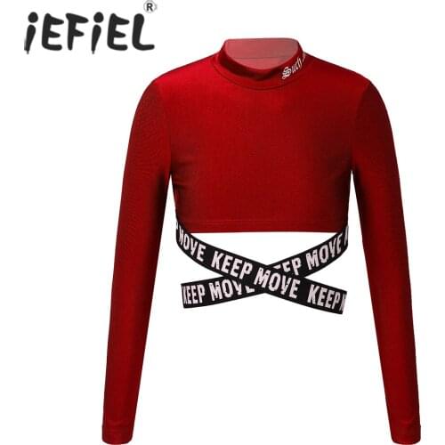 Kids Girls Slim Fit Long Sleeve Sash Cross Waist Letters Print Crop Top Active Workout Running Yoga Sports T-shirt Dance Wear