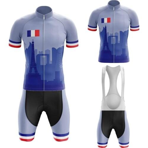 FRANCE Summer Blue Cycling Jersey Set Short Sleeve Bib Shorts Gel Breathable Pad Jersey MTB Maillot Ciclismo Hombre
