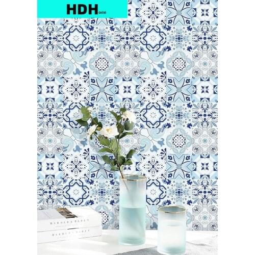 HDHome Blue White Wallpaper Floral Flower Tile Peel and Stick Wallpaper Removable Wall Paper Waterproof Self Adhesive Wallpaper