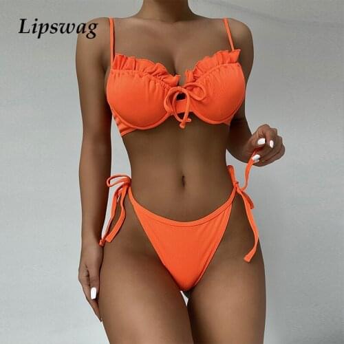 Sexy Solid Color Underwire Women Two Piece Bikini Set Bow Bandage Push Up Swimwear Biquini 2021 Fashion Beachwear Bathing Suits
