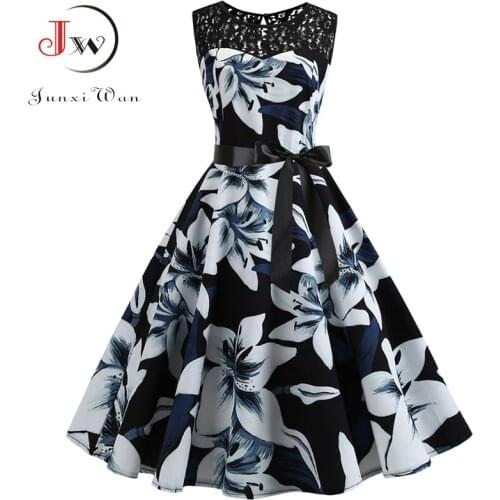 Lace Patchwork Floral Print Women Summer Dress Hepburn 50s 60s Elegant Vintage Dress Office Ladies A-Line Party Dresses Belt