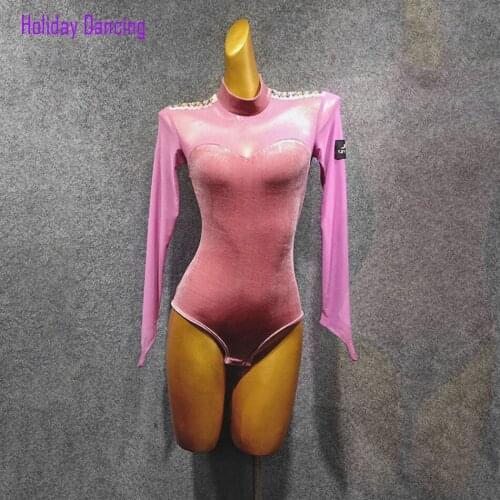 Pink Long Sleeve Women Latin Dance Bodysuit Latin Dancing Tops Practise Tango Chacha Dancing Performamnce T037