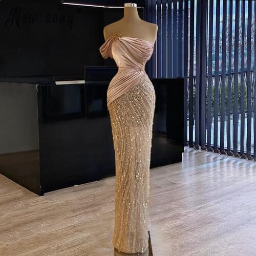 Pink Illusion Mermaid Beaded Evening Dress 2021 Sparkly Crystals Formal Prom Dresses Women Birthday Party Wear Longue Robes