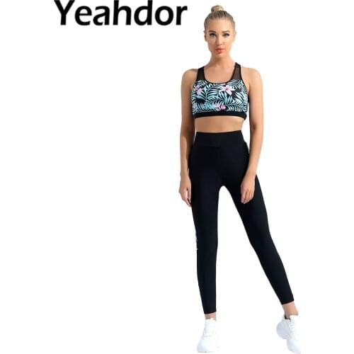 Women Seamless Gym Yoga Fitness Sportwear Mesh Patchwork Floral Print Round Neck Sleeveless Racer Back Crop Top with Legging Set