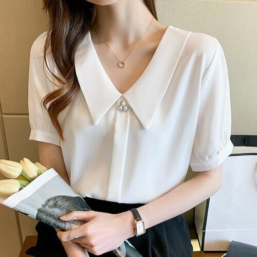 Stylish Chic SHort Sleeve Women White Shirts Blouses Summer Buttons Loose Female Shirts Tops Elegant Ladies Blusas Chic Beaded