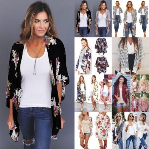 UK Plus Size Women Holiday Lace Loose print Coat shirt Floral Kimono Cardigan Ladies Summer Tops jacket