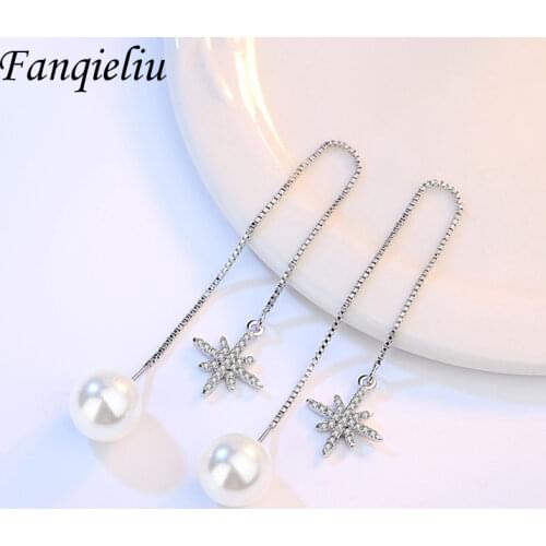 Fanqieliu Box Chain Ear Line Long Dangle Earrings Sterling 925 Silver Jewelry Rhinestone Star Drop Earrings For Women FQL193264