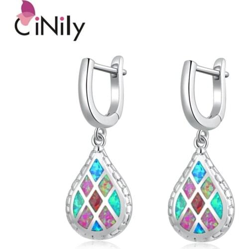CiNily Rainbow Fire Opal Dangle Earrings With Stone Silver Plated Multi-color Water Tear Drop Earring Vintage Jewelry Woman Girl