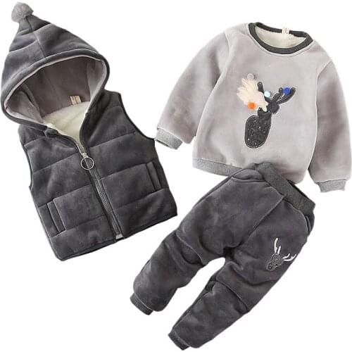 3pcs/Lot! Winter childrens clothing baby boys girls suit Super warm fleece sweater + Hooded vest + pants Infant thickening suit
