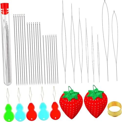 37pc Assorted Beaded Needles Big Eye Beaded Thread Needles with Sewing Pin Cushion Taps Thimble Bottle for Jewelry Making