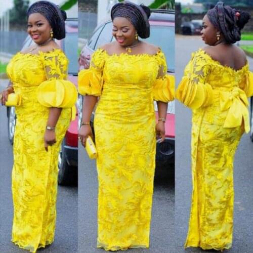 Aso Ebi Style Yellow Lace Evening Dresses WIth Half Sleeve Bow Off The Shoulder Plus Size Prom Dress Nigerian Women Party Gown