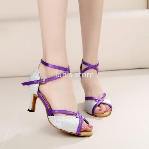 Ballroom Latin Dance Shoes New Silver Glittler Purple Straps Sexy Salsa Bachata Dance Shoes Tango Dancing Shoes