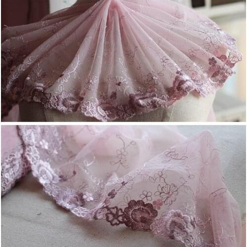 Free shipping 2yards/lot 19cm wide Embroidered Floral Tulle Lace Trim~Primrose Pink ~lovely