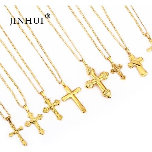 JIN HUI 2019 New Fashion jewelry Gold Color crucifix Jesus Religious Cross Necklaces Pendant for Women/Men Christian length 45cm