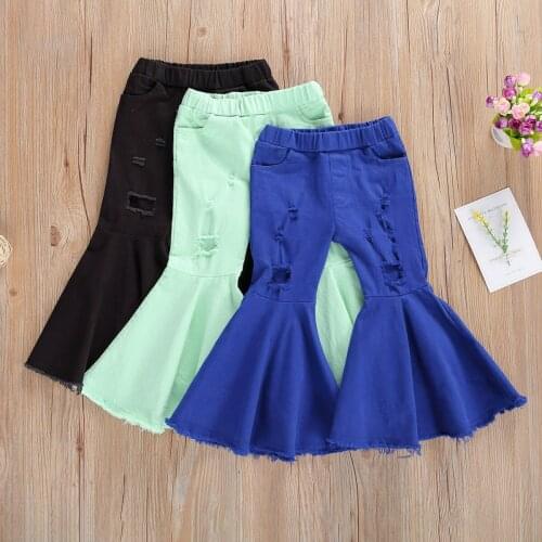 Toddler Kids Ripped Trousers Baby Girl Elastic Waist Frayed Raw Hem Flared Pants Solid Color Bottoms 2-7Y